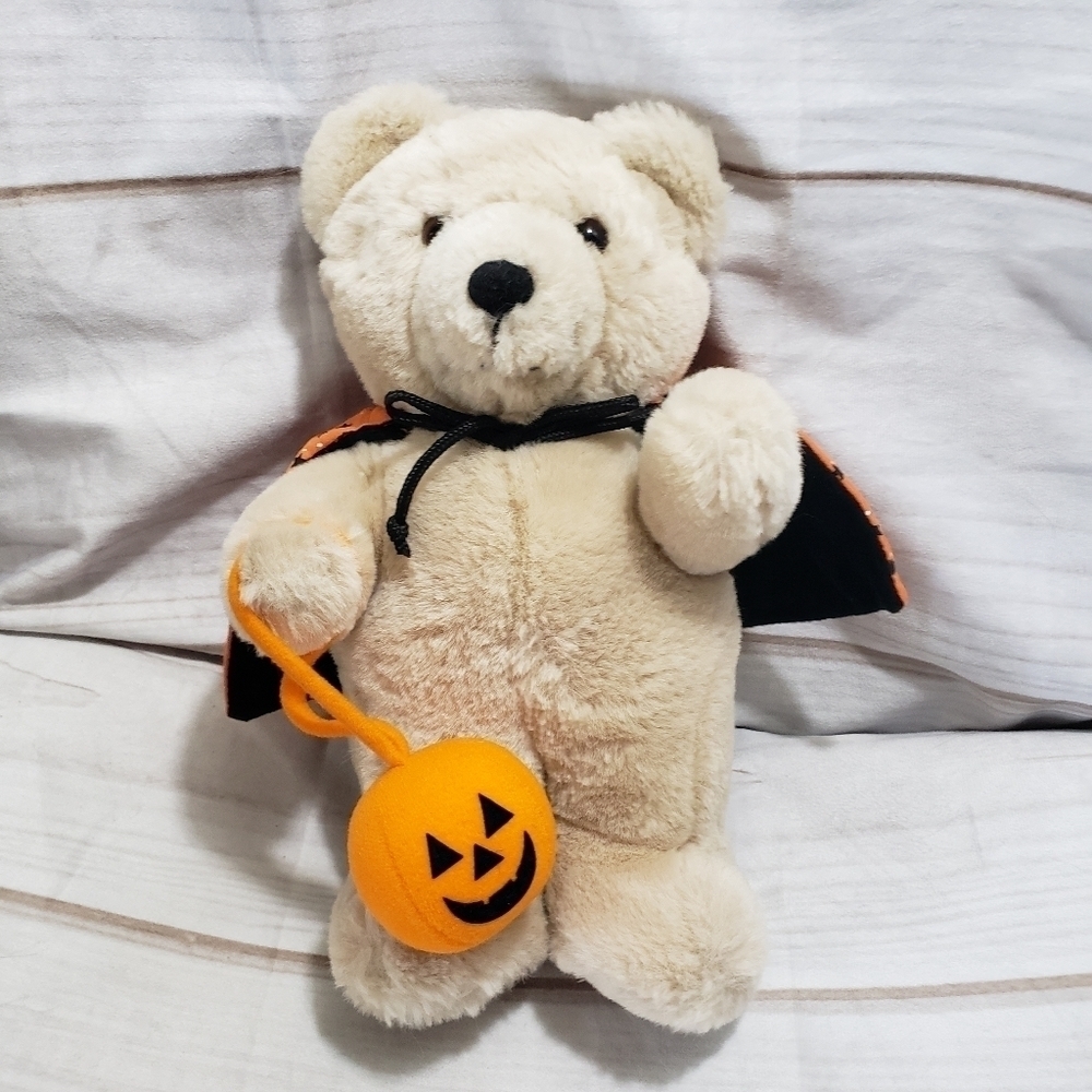 Dakin Halloween Tan Teddy Bear 11" Plush Stuffed Animal Cape Felt Pumpkin 1984